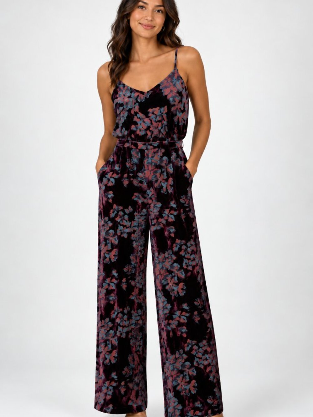 Saloni Loretta Velvet Wide Leg Jumpsuit in Maroon Floral, Size 6